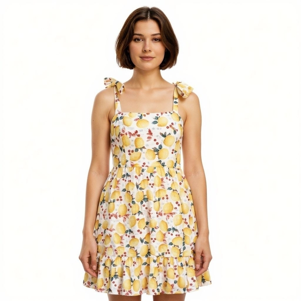 Womens Dress Size Large Lemon Cherry Print Midi Ruffle Hem Wide Strap Sundress